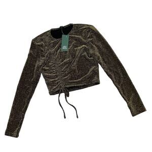 Wild Fable Women's Gold Sparkle Long Sleeve Ruched Cropped Shirt - Medium - NWT